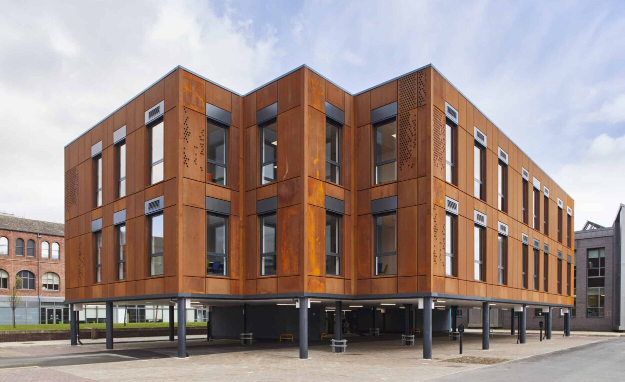 Full view of the back of modular classrooms for design and technology facility at Leeds City College.